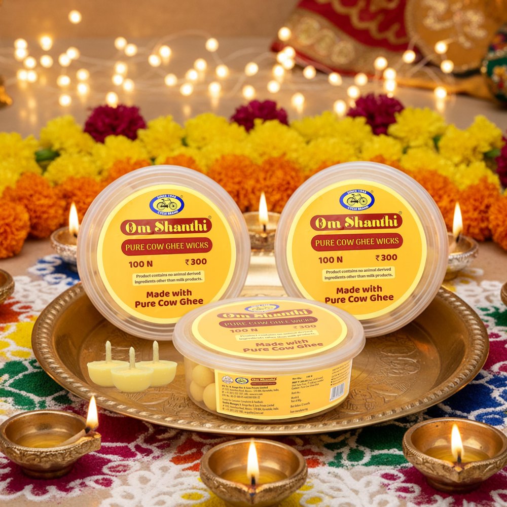 Cycle Pure Om Shanthi Pure Cow Ghee Wicks Ready-to-Light Diya Battis | Wax-Free, Long-Lasting, Easy to Use | for Daily Puja, Aarti & Festivals | Pack of 3 (100 Wicks Per Pack)