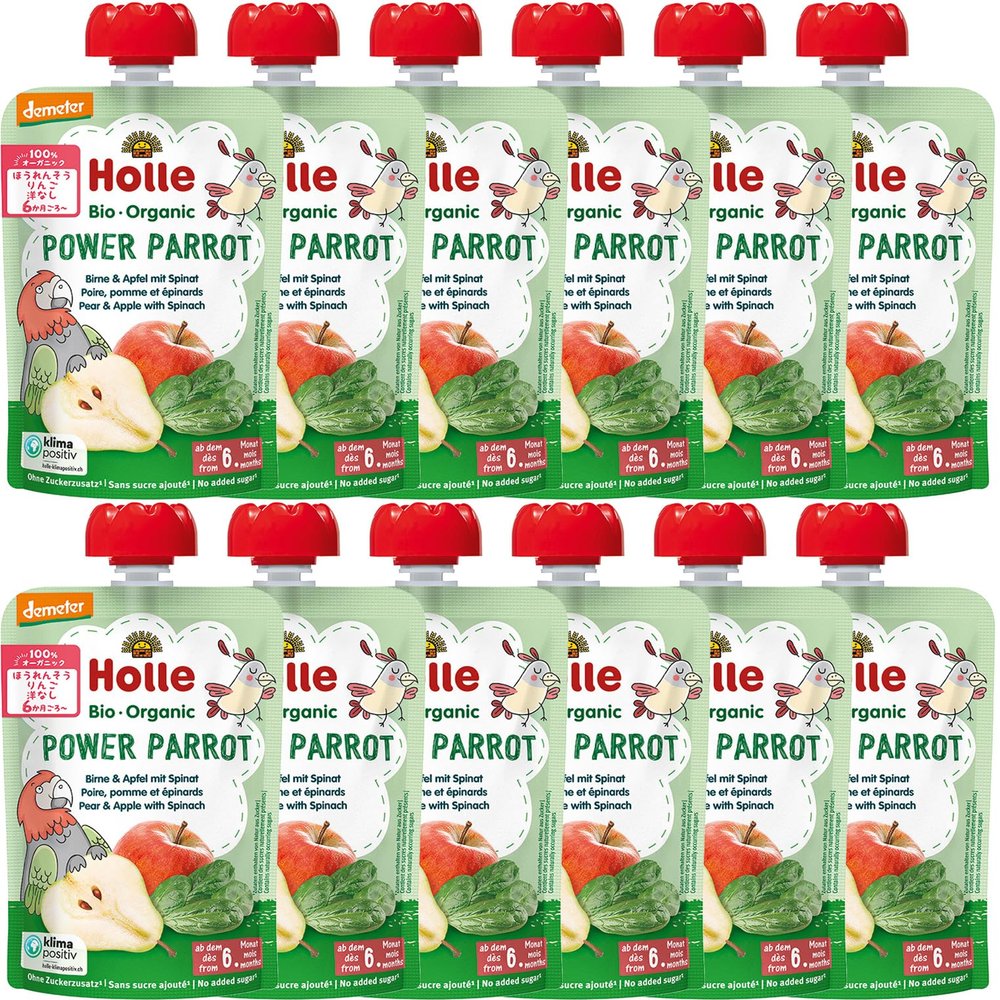 Holle Power Parrot - Pouch pear & apple with spinach, pack of 12