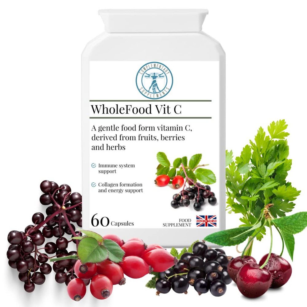 Complementary Supplements - WholeFood VIT C - 100% Natural - NO Ascorbic Acid - HIGH Bioavailability - Acerola Cherry, Rosehip, Blackcurrant, Parsley Leaf, Elderberry - 60 Capsules