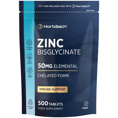 Zinc Tablets 50mg | High Absorption Zinc Bisglycinate | Chelated Form | Immunity Support Supplements | 500 Vegan Tablets | by Horbaach