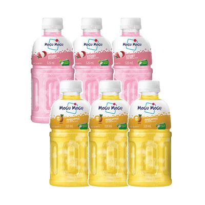 Mogu Mogu Lychee & Pineapple Juice Drink with Nata de Coco Jelly 320ml (Pack of 6) Tropical Thai Sip & Chew Drink