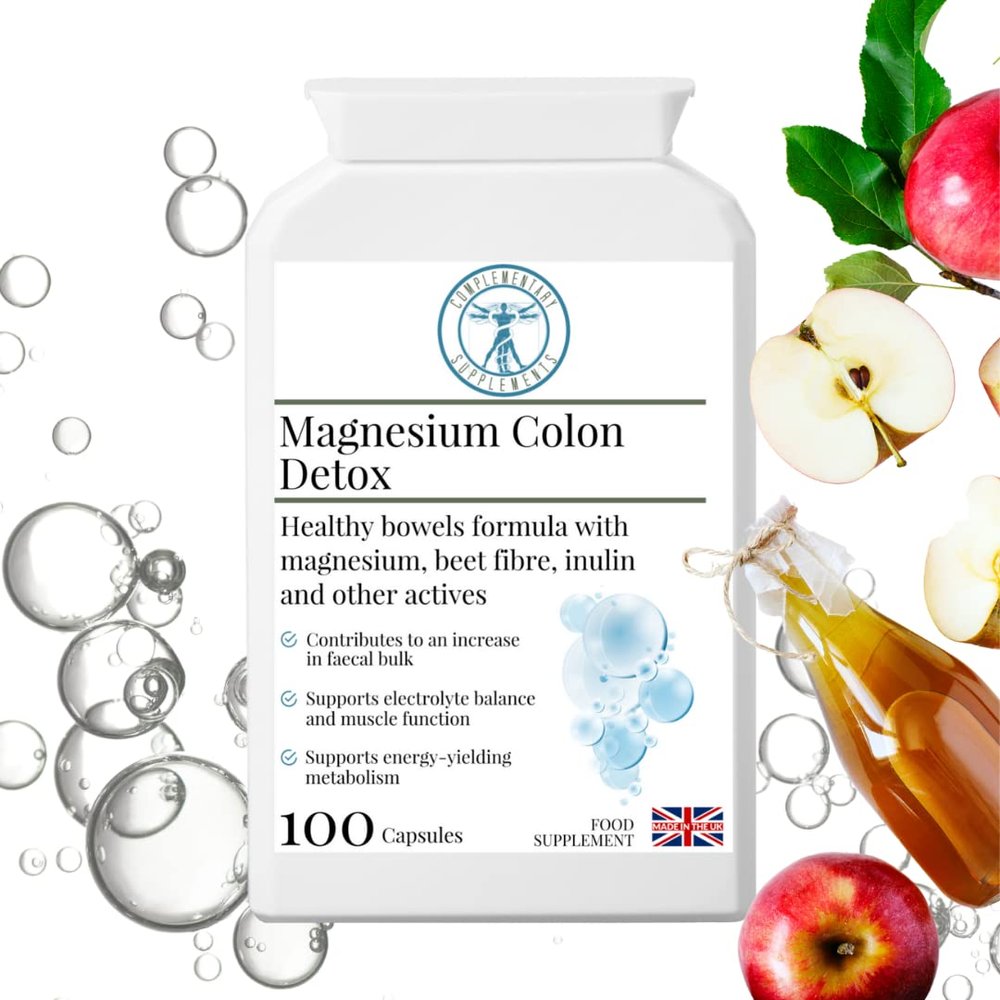 Complementary Supplements - Magnesium Colon Detox 4 Magnesium Types, Prebiotic Fibre, ACV & Vitamin C Gentle Daily Digestive Support Vegan, 100 Capsules