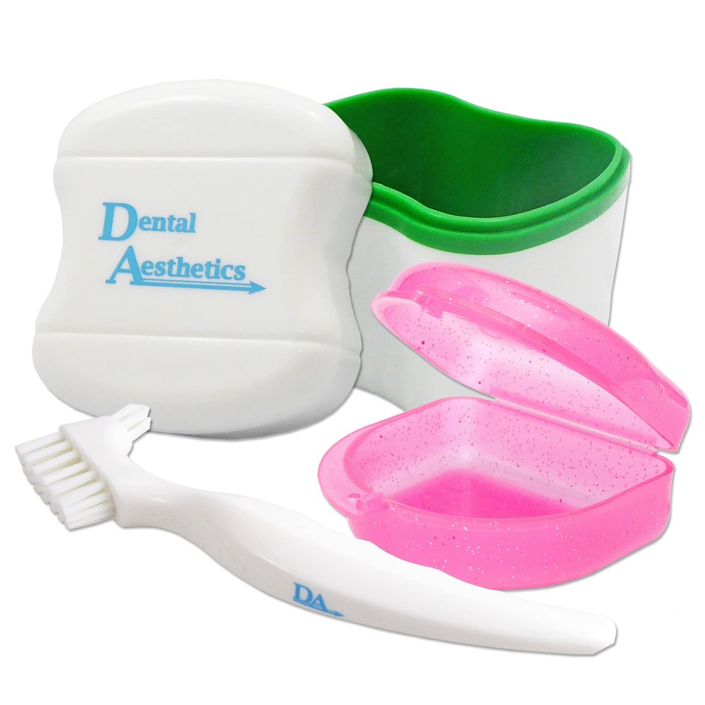 Dental Bath, Retainer Case and Brush ~ Storage Case and Container for Soaking and Cleaning Ortho Retainers (Green Bath, Glitter Pink Case)