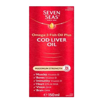 Seven Seas Omega 3 Fish Oil Plus Cod Liver Oil, Maximum Strength Liquid, 150 ml, Omega-3, EPA & DHA + Cod Liver Oil Tablets, Omega-3 Fish Oil, Can Be Taken On Its Own Or Mixed
