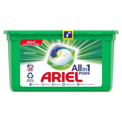 Ariel All-in-1 PODS, Washing Liquid Laundry Detergent Tablets 36 Washes, Original, Brilliant Stain Removal Even In A Cold Wash, Fresh Scent Of Clean