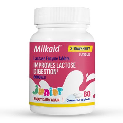 Milkaid Junior Lactase Enzyme Chewable Tablets for Lactose Intolerance Relief, Prevents Gas, Bloating & Diarrhoea, Fast Acting Dairy Digestive Supplement, Gluten Free & Vegan, 60 Count