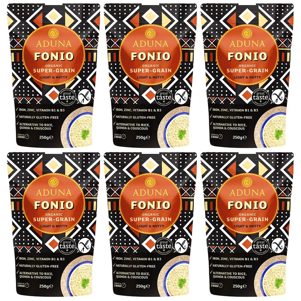 Aduna Organic Fonio Supergrain | Ancient African Wholegrain Rich in Iron, Zinc, B Vitamins & Fibre | Natural Gluten-Free Rice, Quinoa & Couscous Alternative | Porridge, Salads, & Stir-Fries | 6 x 250g