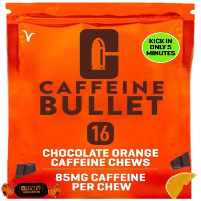 Caffeine Bullet Energy Chews - Chocolate Orange. 16 * 85mg - Faster Kick Than Pills, Gels & Gum. Sport Science for Running, Cycling, Gaming. A Pre Workout Endurance Boost.