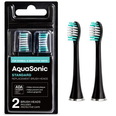 AquaSonic Genuine Standard Replacement Brush Heads | for Normal & Sensitive Teeth | Compatible with Many AquaSonic Toothbrush Handles (2 Pack Black)