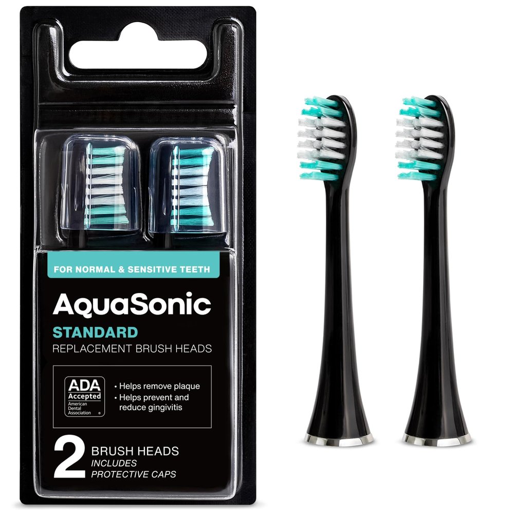AquaSonic Genuine Standard Replacement Brush Heads | for Normal & Sensitive Teeth | Compatible with Many AquaSonic Toothbrush Handles (2 Pack Black)
