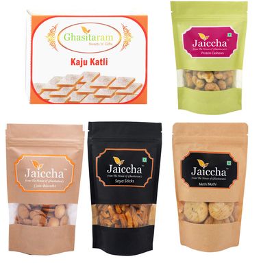 Ghasitaram Gifts Diwali Gift - Best of 5 SOYA Sticks Pouch, Coin Biscuits Pouch, Methi Mathi Pouch, Barbeque Cashews Pouch, Kaju katli Box