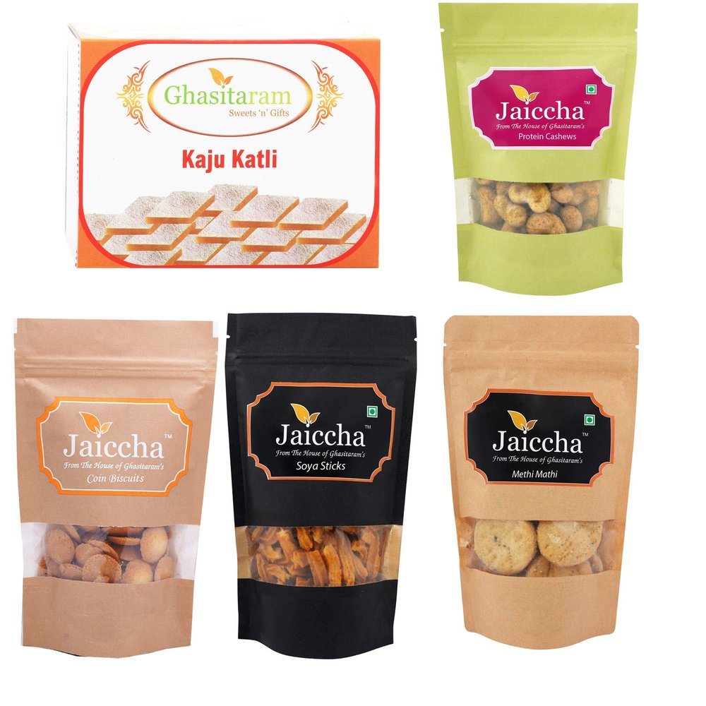 Ghasitaram Gifts Diwali Gift - Best of 5 SOYA Sticks Pouch, Coin Biscuits Pouch, Methi Mathi Pouch, Barbeque Cashews Pouch, Kaju katli Box