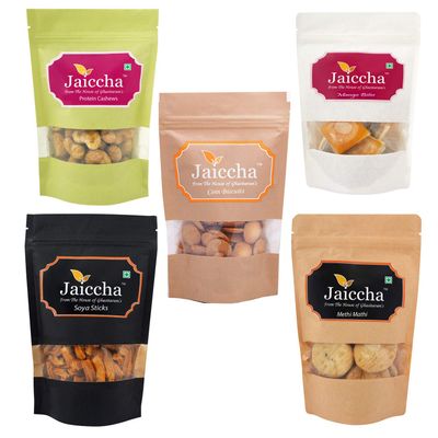 Jaiccha Ghasitaram Diwali Gifts - Diwali Gift - Best of 5 SOYA Sticks Pouch, Coin Biscuits Pouch, Methi Mathi Pouch, Barbeque Cashews Pouch, Mango Bites Pouch