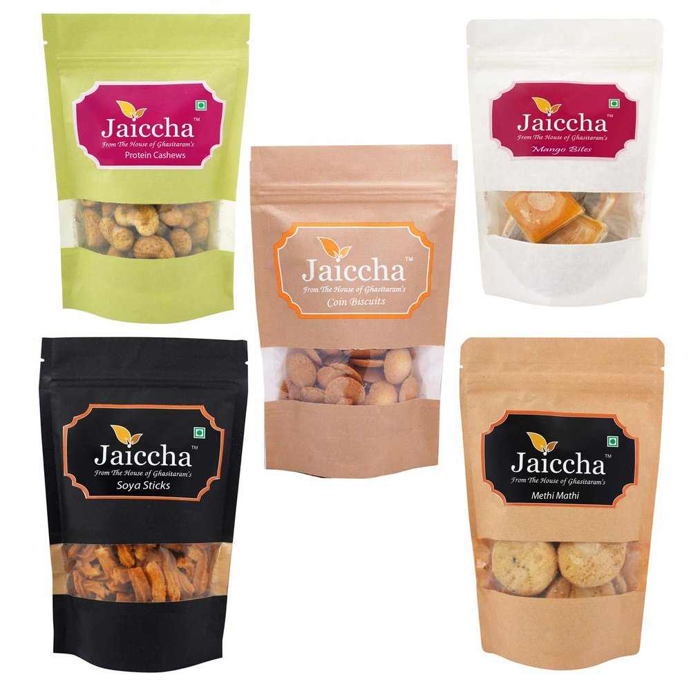 Jaiccha Ghasitaram Diwali Gifts - Diwali Gift - Best of 5 SOYA Sticks Pouch, Coin Biscuits Pouch, Methi Mathi Pouch, Barbeque Cashews Pouch, Mango Bites Pouch