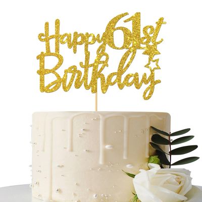 Gold Glitter Happy 61st Birthday Cake Topper - 61 Cake Topper - 61st Birthday Party Supplies - 61st Birthday Party Decorations