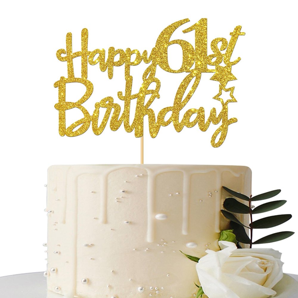 Gold Glitter Happy 61st Birthday Cake Topper - 61 Cake Topper - 61st Birthday Party Supplies - 61st Birthday Party Decorations