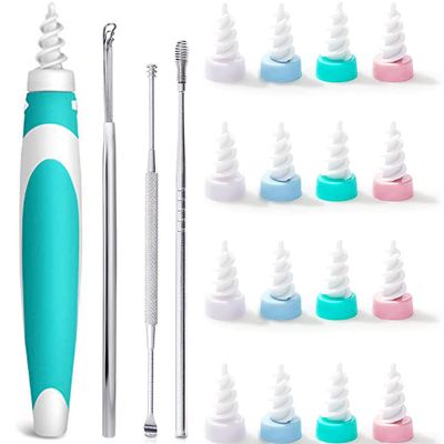 Earwax Remover, Soft Silicone Ear Cleaning Tool, Earwax Removal Tool with 16 Replacement Heads + add 4 PCS Metal Ear Picker Set, Safe and Easy to Remove Ear Wax