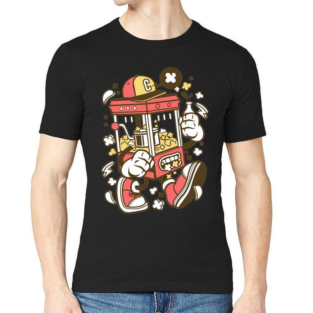 Cartoon Style Pop Corn Machine and Cola Drink Men's Crew Neck T-Shirt Medium Black