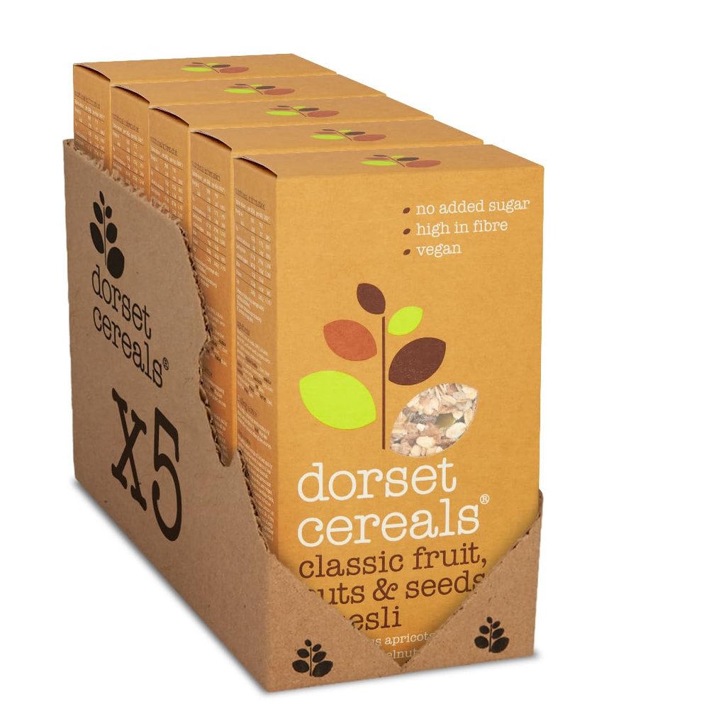 Dorset Cereals Classic Fruit, Nuts & Seeds Muesli - No Added Sugar Breakfast Cereal - Made with Apricots, Hazelnuts and Almonds - Vegan and Naturally High Fibre Cereal - 600g (Pack of 5 x 600g)