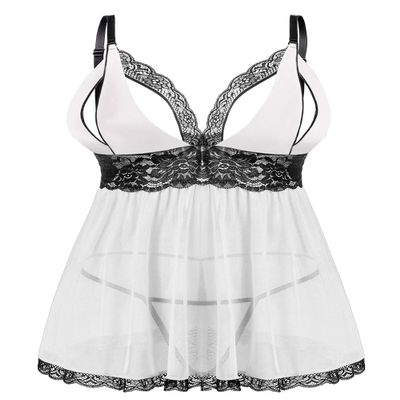 Donnalla Women Plus Size Lingerie Set Sexy Lace Babydoll Lingerie Dress Chemise Sleepwear with Thong, White, M