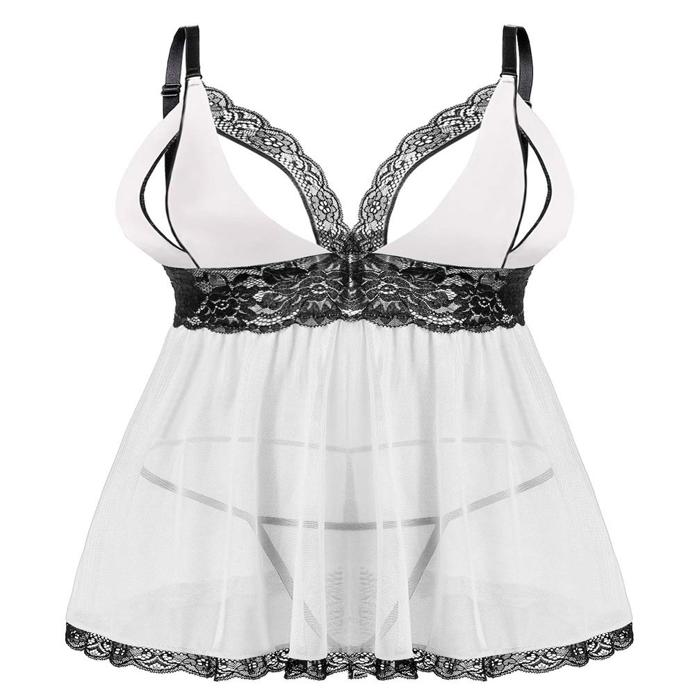 Donnalla Women Plus Size Lingerie Set Sexy Lace Babydoll Lingerie Dress Chemise Sleepwear with Thong, White, M