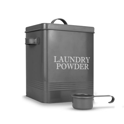 Laundry Powder Tin with Scoop | Grey Dishwasher Detergent Container | Cleaning & Washing Supplies | Coated Steel Box with Lid | Carry Handles | M&W