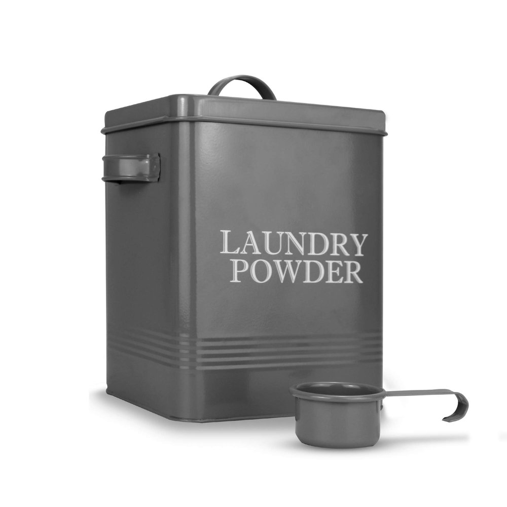 Laundry Powder Tin with Scoop | Grey Dishwasher Detergent Container | Cleaning & Washing Supplies | Coated Steel Box with Lid | Carry Handles | M&W