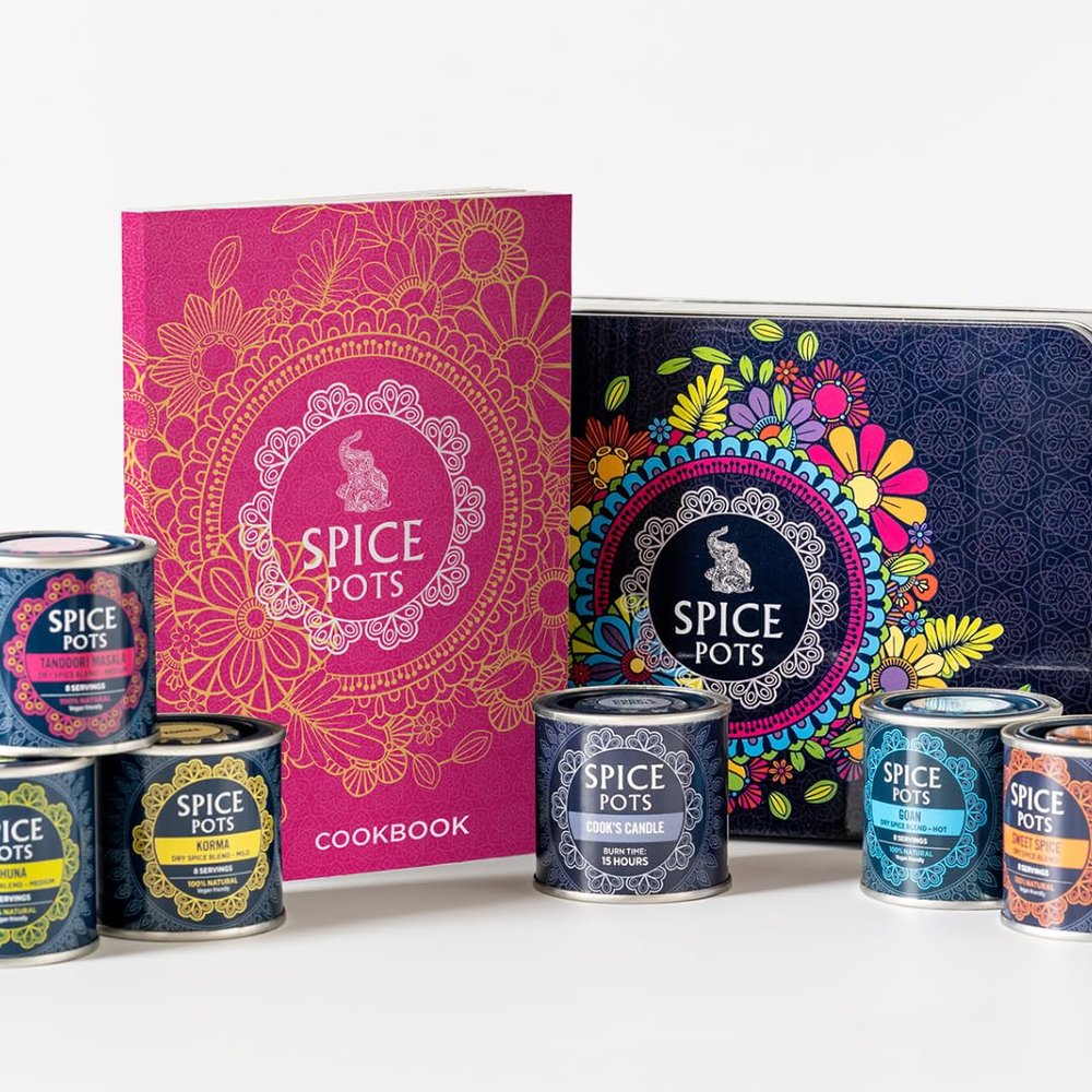 Indian Spice Box Gift Set by Spice Pots - 5 x 40g Spice Blends + Indian Cookbook + Chef's Candle - Gift Tin with Spices - Foodie Gift for Men & Women - Unique Food Gift - Curry Kit