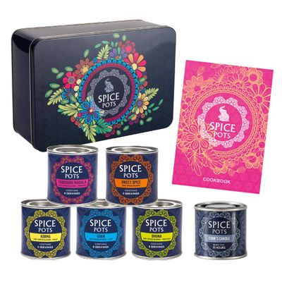 Spice Pots Indian Spice Box Gift Set  5 x 40g Spice Blends, 35-Recipe Indian Cookbook & Chefs Candle | Divorce Gift or New Beginnings Gift for Women & Men