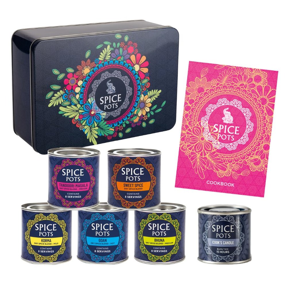 Spice Pots Indian Spice Box Gift Set  5 x 40g Spice Blends, 35-Recipe Indian Cookbook & Chefs Candle | Divorce Gift or New Beginnings Gift for Women & Men