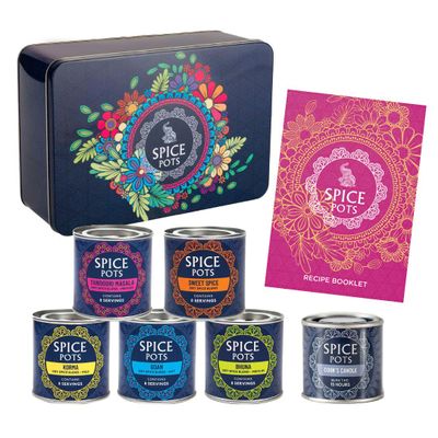 Spice Pots Indian Spice Box Gift Set Housewarming & New Home Gift | 5 x 40g Spice Blends, 35-Recipe Indian Cookbook & Chefs Candle | Foodie Kitchen Gift Tin for Couples