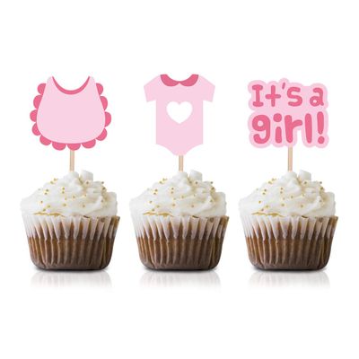 Pink Its a Girl Cupcake Topper Picks, 24-Pack Girl Baby Shower Or Birthday Party Supply Decorations