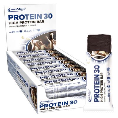 IronMaxx Protein 30 Protein Bar - Cookies & Cream - 24x35g reduced sugar, 30% protein content, delicious snack with a delicate cream filling