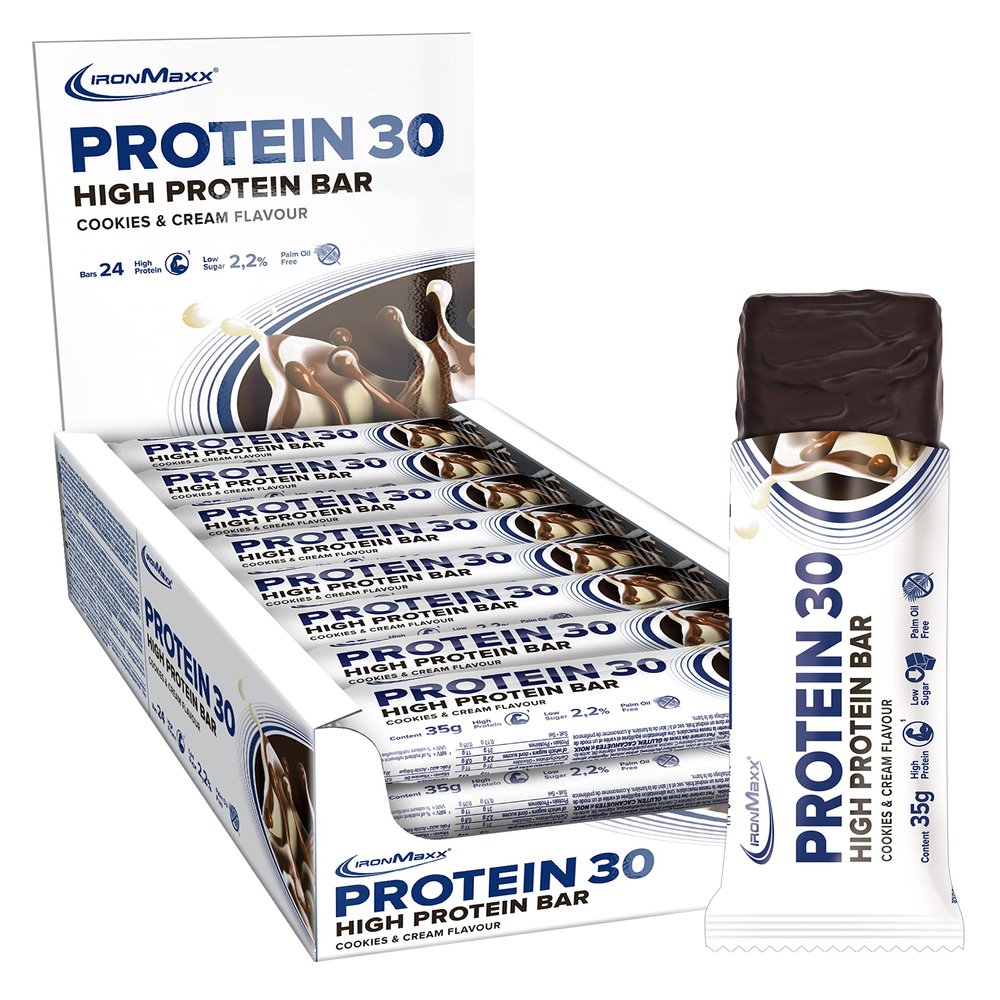 IronMaxx Protein 30 Protein Bar - Cookies & Cream - 24x35g reduced sugar, 30% protein content, delicious snack with a delicate cream filling