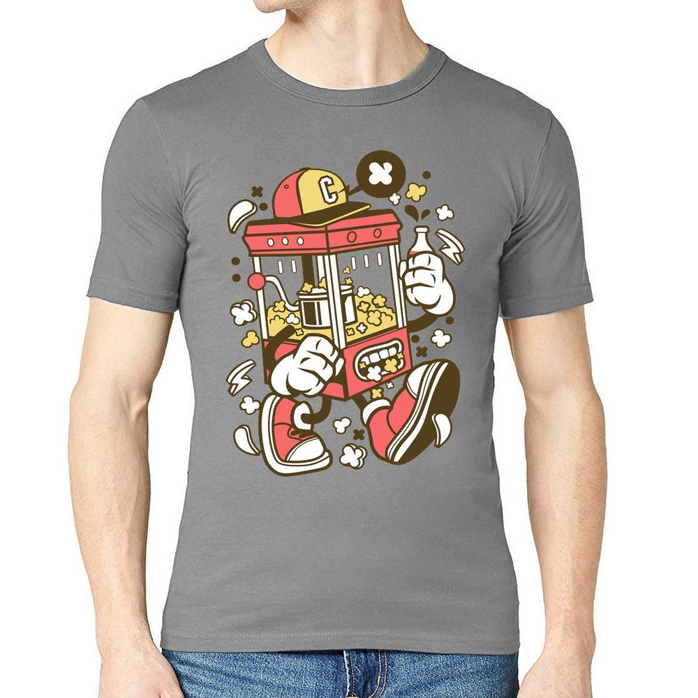 Cartoon Style Pop Corn Machine and Cola Drink Men's Crew Neck T-Shirt Large Gray