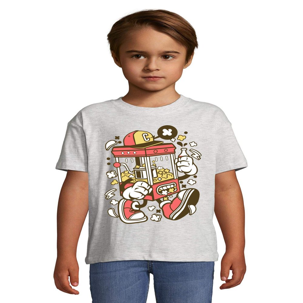 Cartoon Style Pop Corn Machine and Cola Drink Kid's Crew Neck T-Shirt Large Ash Gray