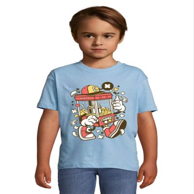 Cartoon Style Pop Corn Machine and Cola Drink Kid's Crew Neck T-Shirt X-Large Sky Blue