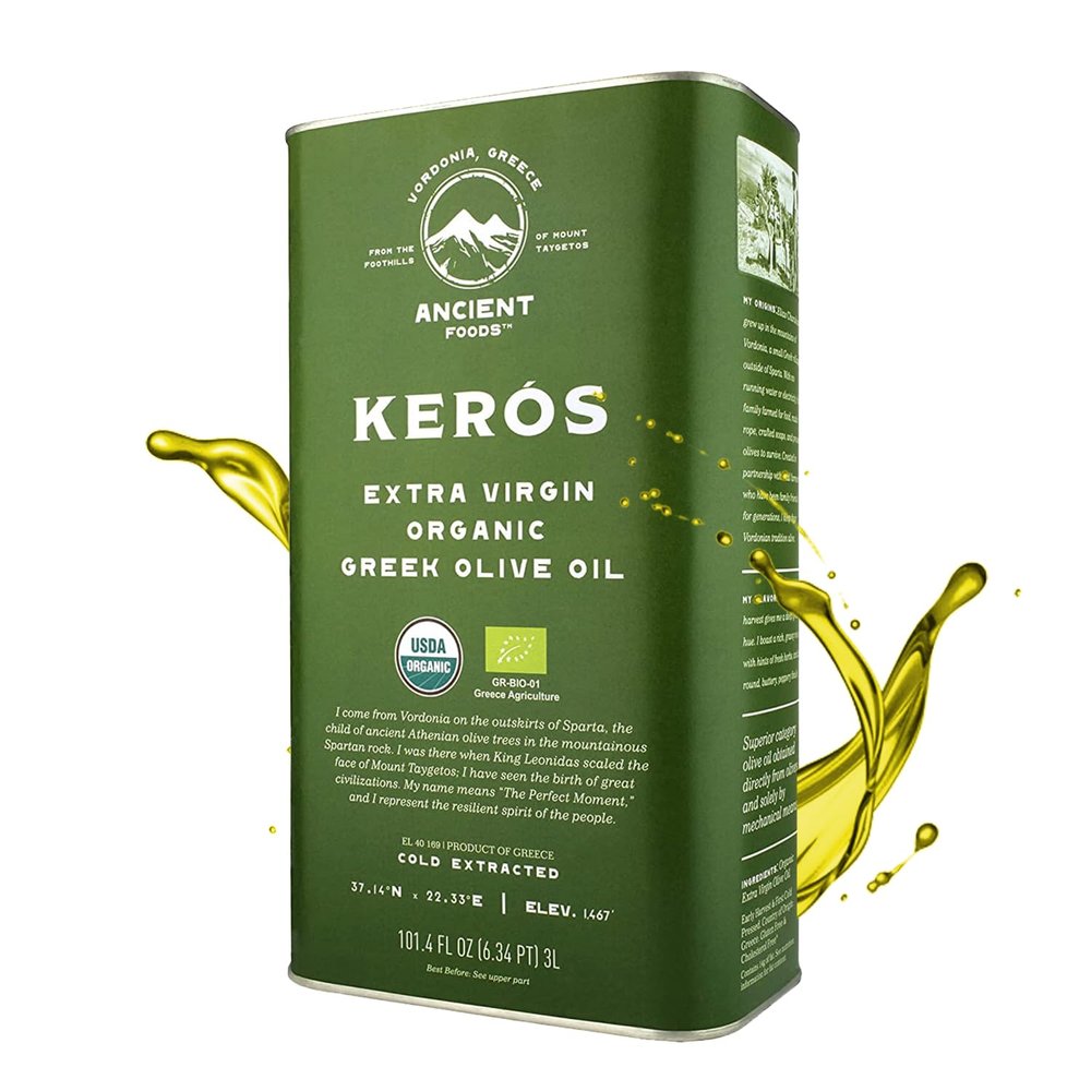 Ancient Foods BIO, Kers Organic Olive Oil, Cold Pressed, Greek Extra Virgin Olive Oil, Highly Phenolic, 1000 Year Old Trees, Traditional Hand Harvest, 3l canister (3 litres)