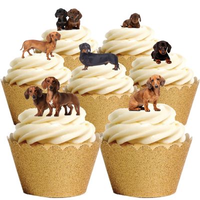 24 Stand Up Dachshund Sausage Dog Puppy Themed Edible Wafer paper Cake Toppers Decorations