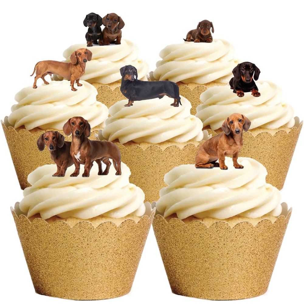 24 Stand Up Dachshund Sausage Dog Puppy Themed Edible Wafer paper Cake Toppers Decorations