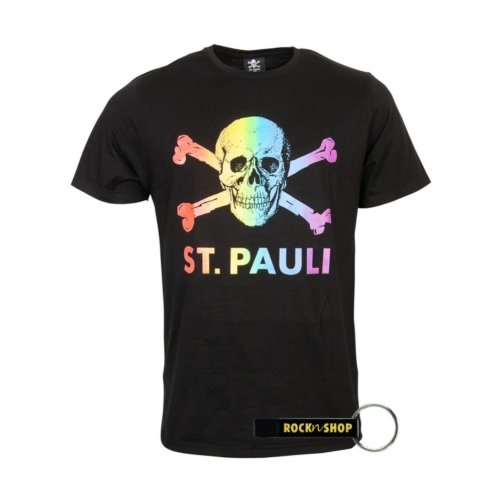 FC St. Pauli T-Shirt Top Print Skull Rainbow Collection 2020 Men's Black + 2x Fanergy Grape Sugar, black, XXL
