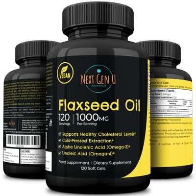 Flaxseed Oil Capsules - 1000 mg - 120 Vegan Soft Gels - High in Omega 3, 6, 9 - Cold Pressed Flax Seed Formula - 4 Months Supply - by NextGenU