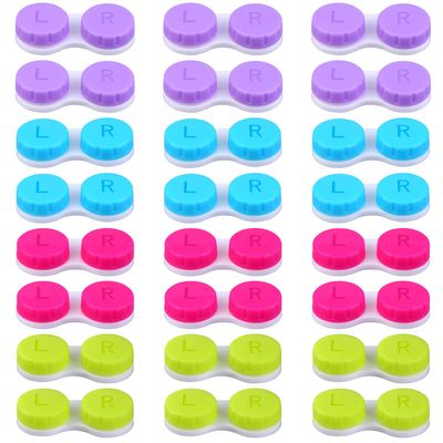 Elcoho 24 Pack Contact Lens Cases Contact Lens Holder Box Left/Right Eyes Contact Lens Container, 4 Colors
