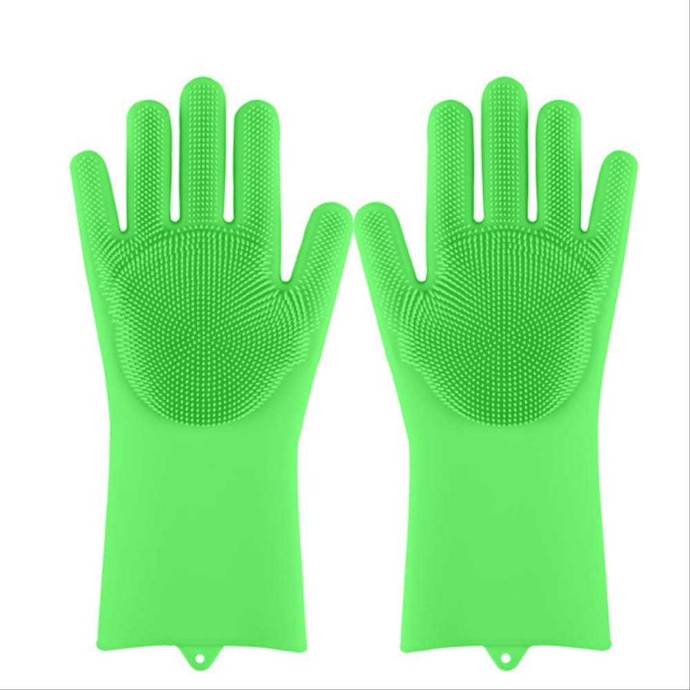 Magic Dishwashing Gloves Reusable Silicone Dish Gloves with Sponge Scrubbers for Kitchen Bathroom Cleaning Pet Hair Care Car 1 Pair Green