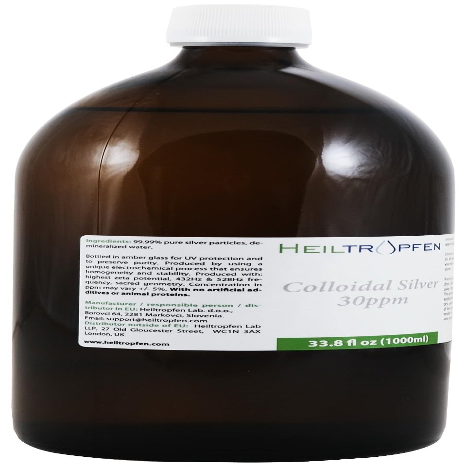 Colloidal Silver | 30 ppm | 33.8 Fl Oz - 1000 ml | Third-Party Tested | Heiltropfen