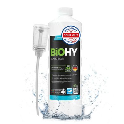 BiOHY Rinse Aid (1l Bottle) + Dispenser | Ecological high concentrate | Suitable for all (commercial) dishwashers, for unbeatable shine on glasses | BIO-logically degradable (Klarspler)