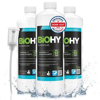 BiOHY Rinse Aid (3 x 1l Bottle) + Dispenser | Ecological high Concentrate | Suitable for All (Commercial) dishwashers, for Unbeatable Shine on Glasses | BIO-logically degradable (Klarspler)