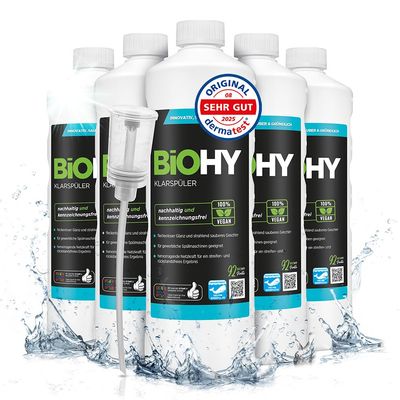 BiOHY Rinse Aid (6 x 1l Bottle) + Dispenser | Ecological high Concentrate | Suitable for All (Commercial) dishwashers, for Unbeatable Shine on Glasses | BIO-logically degradable (Klarspler)