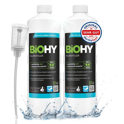 BiOHY Rinse Aid (2 x 1l Bottle) + Dispenser | Ecological high Concentrate | Suitable for All (Commercial) dishwashers, for Unbeatable Shine on Glasses | BIO-logically degradable (Klarspler)