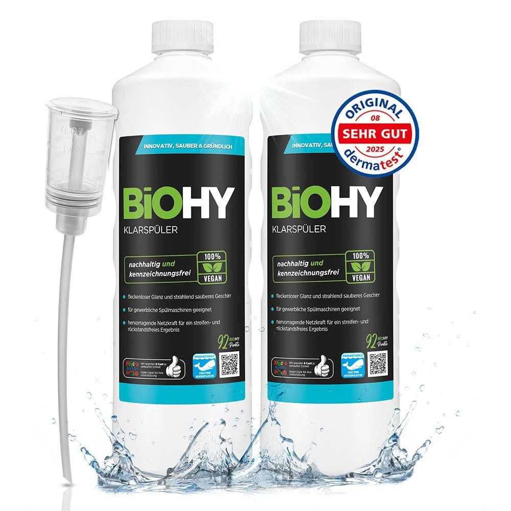 BiOHY Rinse Aid (2 x 1l Bottle) + Dispenser | Ecological high Concentrate | Suitable for All (Commercial) dishwashers, for Unbeatable Shine on Glasses | BIO-logically degradable (Klarspler)